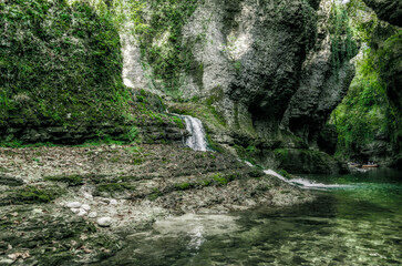 river and stream in the mountains with green plants in Georgia