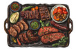 top view of an Argentinian asado, featuring assorted grilled meats such as beef ribs, chorizo, and morcilla (blood sausage), served with chimichurri sauce and grilled vegetables.