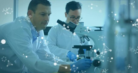 Aufkleber - Animation of molecules and connections over diverse male scientists using microscope at laboratory