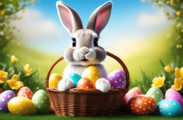 Wall Mural - Cute easter bunny with basket of colorful eggs on green grass and blue sky background