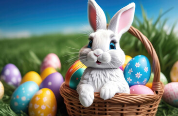 Sticker - Cute easter bunny with basket of colorful eggs on green grass and blue sky background