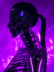 Wall Mural - Neon Violet Cyborg: A Futuristic Femme Fatale with Transparent Glass Body and Visible Skeleton Inside, created with Generative AI technology