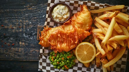 Wall Mural - Gourmet Fish and Chips with Side of Peas