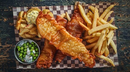 Wall Mural - Savory Fish and Chips with Lemon and Tartar Sauce