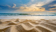 Close up sand with blurred sea sky background, summer day, copy space or for product. Summer