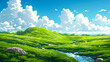 Rolling Meadows: A Serene View of Grassy Mounds and Sky, Enhanced with High Detail Animation, created with Generative AI technology