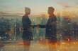 © Merilno - Handshake over cityscape with digital effects. Two business professionals shaking hands with a vivid cityscape and digital connectivity effects in the background