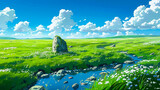 Rolling Meadows: A Serene View of Grassy Hills and Cloudy Skies in High Detail, Sky Blue, Traditional Animation, created with Generative AI technology