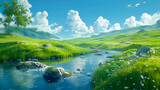Rolling Hills and Fluffy Clouds: A Stunning Traditional Animation Landscape created with Generative AI technology