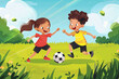 Illustration of Happy Boy and Girl Kicking Soccer Ball on the Field. Two School Kids Play a Football Game. Children in Joy Play Sports Together