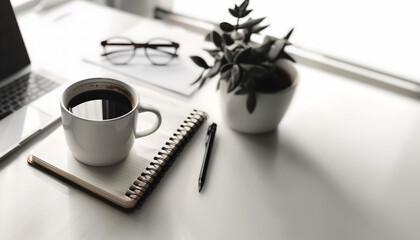 Creative office concept. Steaming coffee and binder notebook white sheet, plant, spec, laptop isolate on blurred background. Product presentation display. flat lay top view. copy text space

