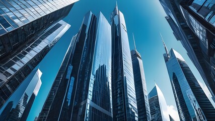 Modern skyscrapers of a smart city, futuristic financial district, graphic perspective of buildings and reflections - Architectural blue background for corporate and business brochure template