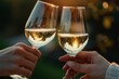 Close up of two people toasting with white wine glasses