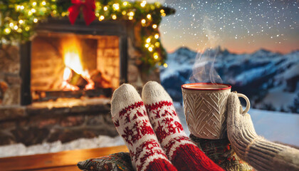 Wall Mural - Feet in woollen socks by the Christmas fireplace. Woman relaxes by warm fire with a cup of hot drink and warming up her feet in woollen socks. Close up on feet. Winter and Christmas holidays concept.