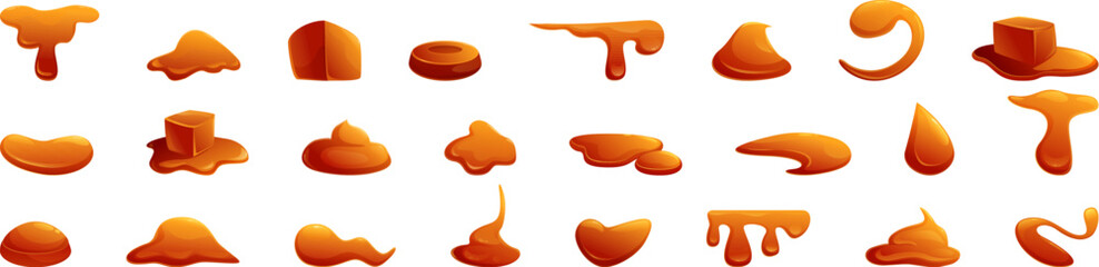 Caramel drops icons set cartoon vector. Toffee sugar sauce. Glossy fudge