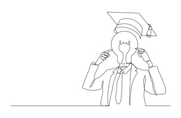 Wall Mural - continuous single one line sketch drawing of man with bulb idea head wearing collage graduation hat cap. Smart genius people business finance and study school vector illustration
