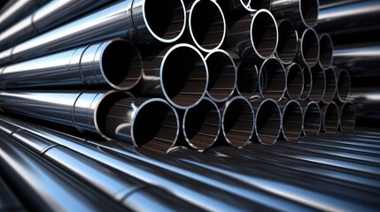 Poster - Stacked Metal Pipes in Industrial Warehouse