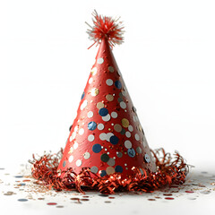 Poster - Sparkly Red Party Hat Isolated on White Background. Birthday Cap