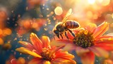 Fototapeta  - Honey Bee Among Vibrant Flowers at Sunrise, To showcase the beauty and importance of honey bees in nature, and the vibrant colors of a sunrise