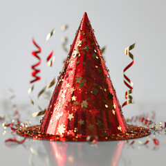 Poster - Sparkly Red Party Hat Isolated on White Background. Birthday Cap