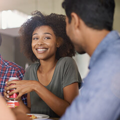 Wall Mural - Smile, pizza and soda with friends in restaurant together for party, meal or hunger at social gathering. Face, bonding and conversation with happy young woman eating fast food for celebration