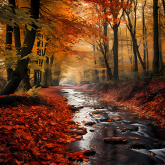 Poster - A colorful autumn forest with fallen leaves. 