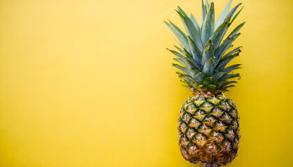 Wall Mural - beautiful fresh appetizing tasty pineapple on yellow bright background. Top View. Horizontal. Copy Space. Conceptual.