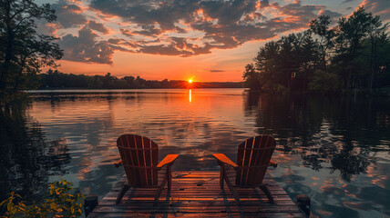 two benches overlooking the lake with sunset views