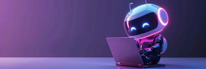 Wall Mural - Cute friendly artificial intelligence robot using laptop computer with purple neon glow light, chatbot and AI assistant concept futuristic technology 3d illustration, banner