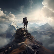 A hiker reaching the summit of a mountain. 