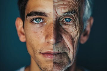 Wall Mural - A man face with one side is the young version of him, and the other side is the old version of him
