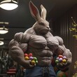 Large muscular East Bunny working out and posing the the gym. Huge muscles, flexing, roaring, easter eggs.
