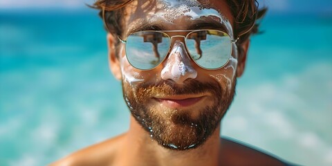 Hispanic man applying sunscreen on sunny beach day to protect skin. Concept Beach Day, Sun Protection, Skincare, Hispanic Man, Healthy Habits