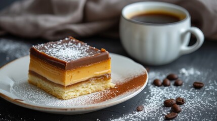 A caramel slice with a cup of coffee
