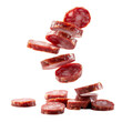 falling sliced sausage on a white background. With clipping path.