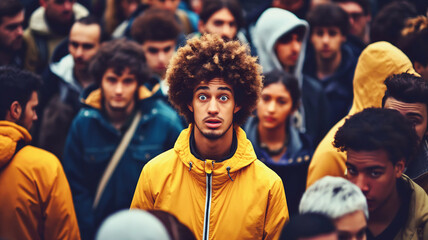 Wall Mural - Portrait of confused looking African American man in yellow jacket and afro hair surrounded by crowd of people, diversity concept, background