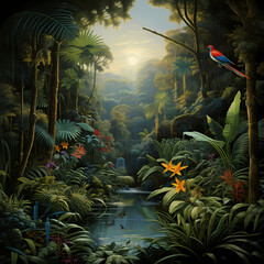 Wall Mural - Rainforest with exotic plants and wildlife. 