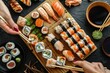 sushi set on a black background, top view, close-up. Japanese Cuisine Concept with Copy Space. Oriental Cuisine.