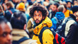 Portrait of confused looking African American man in yellow jacket and afro hair surrounded by crowd of people, diversity concept, background