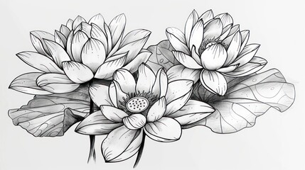 Wall Mural - Water lotus flower. Tattoo sketch drawing. Japanese style