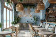 Beachside cafe interior with rattan light fixtures and ocean view