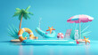 © pisan thailand - 3d refreshing summer sale template. Composition of blue glass board with cute beach object and swimming pool. Concept of island vacation.