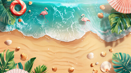 Summer sale promotion banner. Top view of sunny beach side with ocean wave, flamingo inflatable ring, seashells, parasol and tropical leaves on sand.