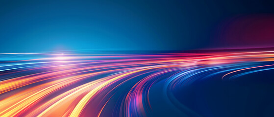 Wall Mural - An abstract background featuring colored waves with a stream of red and blue neon lines against a dark backdrop. The image depicts abstract neon light streaks resembling high-speed light trails.