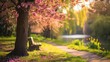 A serene park scene during springtime, featuring a blooming cherry blossom tree, a wooden bench, and a winding pathway leading towards a pond. Spring mockup concept.