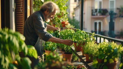 A senior mature man nurturing a variety of herbs and vegetables on his balcony garden, standing among pots of basil, tomatoes, and leafy greens. Active seniors lifestyle and active retirement.