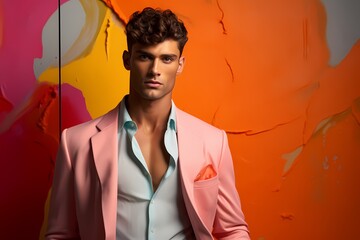 Wall Mural - A handsome male model stands out in colorful attire against a seamless, solid-colored backdrop, his presence illuminating the frame with undeniable charm.