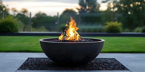 a modern fire pit adds ambiance to a stylish outdoor space. concept outdoor decor, fire pit, stylish