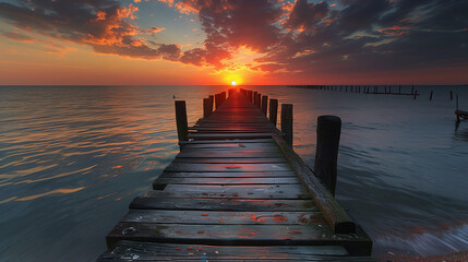 Wall Mural - beautiful sunset on wooden pier over the sea