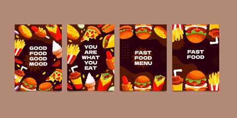 Wall Mural - Fastfood restaurant cartoon card set